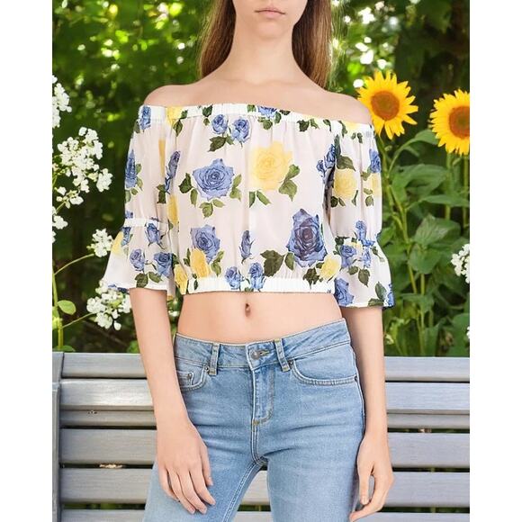 NWT - The Kooples Wild Roses Off-the-Shoulder Crop Top Size: 2 - Picture 1 of 8